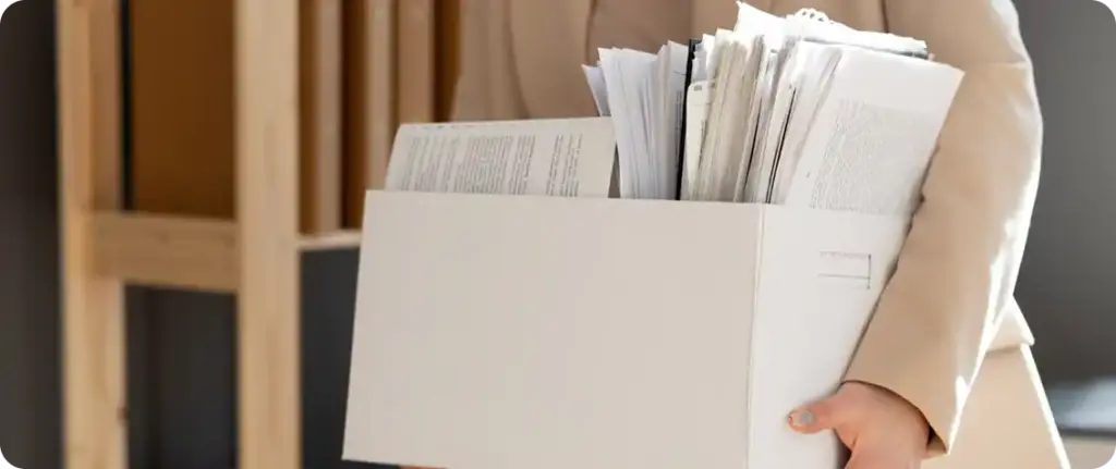 Werknemer die een doos met gearchiveerde documenten draagt, symbolisch voor documentbeheer en kantoororganisatie.