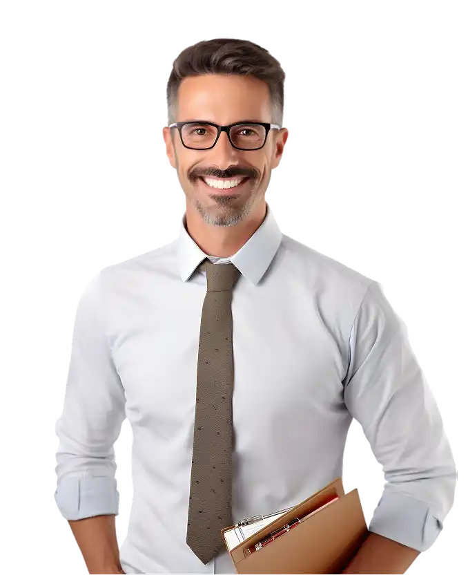 Glimlachende zakenman met documenten in zijn hand, die symbool staan voor expertise, betrouwbaarheid en professionele kantoordiensten.