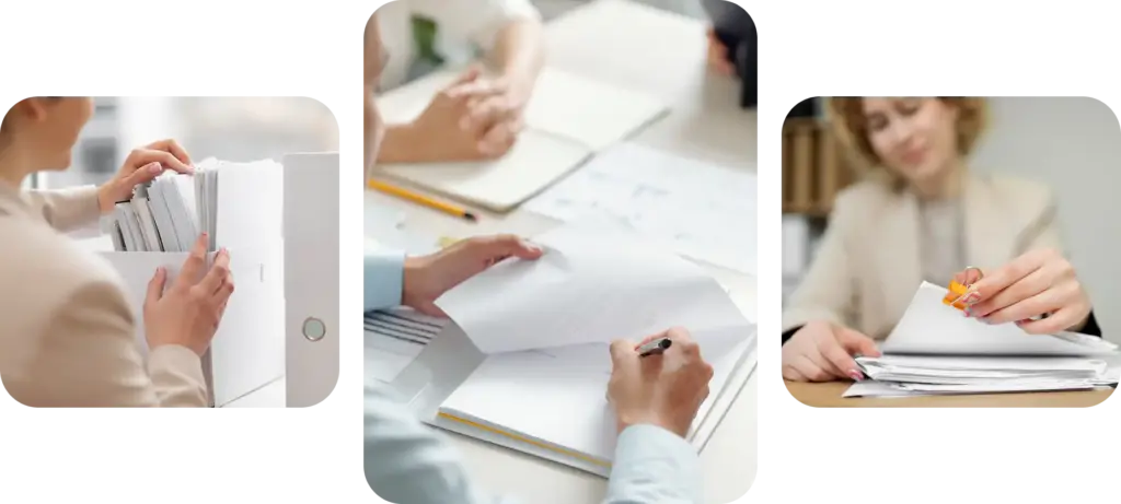 Collage over documentbeheer op kantoor, met het archiveren, beoordelen en ordenen van papierwerk tijdens professionele administratieve werkprocessen.