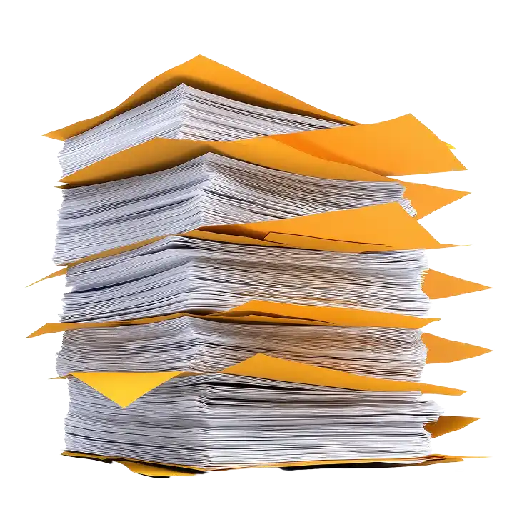 Een ongeordende stapel papierwerk en mappen die symbool staan voor een overdaad aan documenten, chaos op kantoor en de noodzaak van oplossingen voor dossierbeheer.